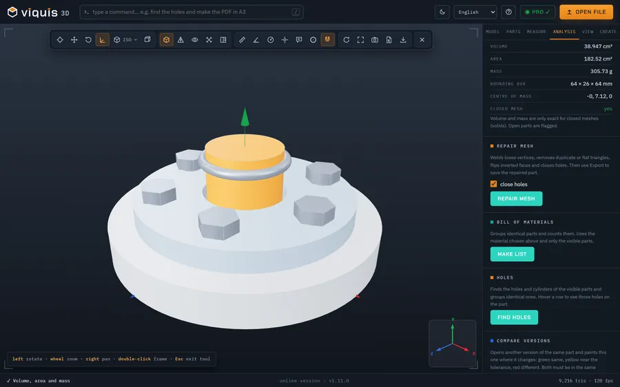 Viquis 3D con el montaje de ejemplo: volumen, área y masa en acero.