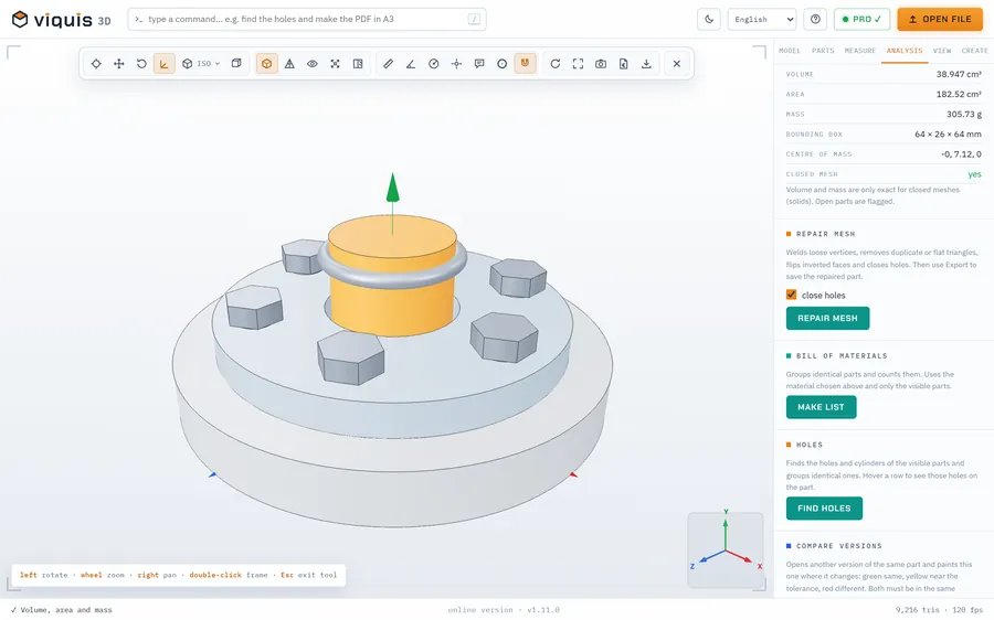 Viquis 3D con el montaje de ejemplo: volumen, área y masa en acero.