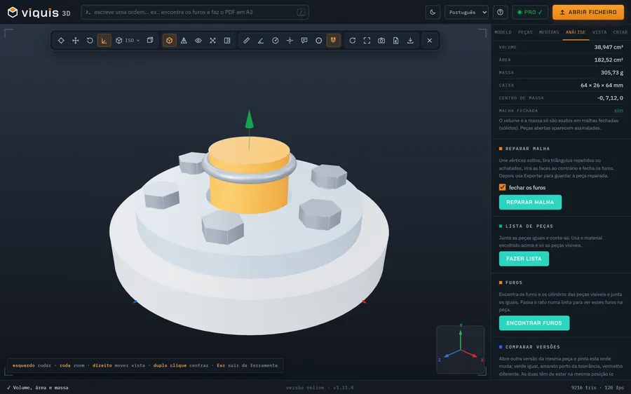 Viquis 3D com a montagem de exemplo: volume, área e massa em aço.